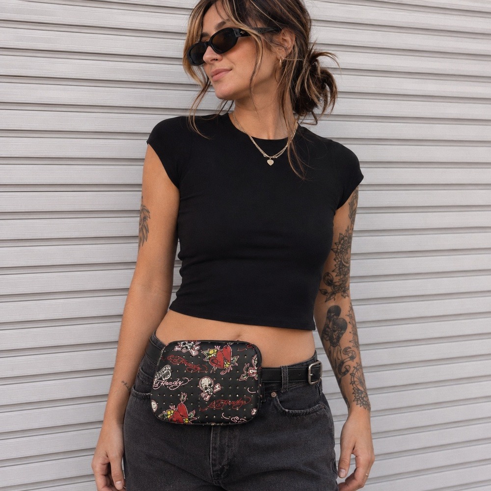 Ed Hardy Tattoo Print Rhinestone Belt Bag Black Skull Heart Fanny Pack Y2K